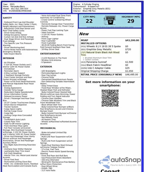 2021 Mercedes-Benz Glc 300 from USA, damaged, VIN W1N0G8DB1MF903565